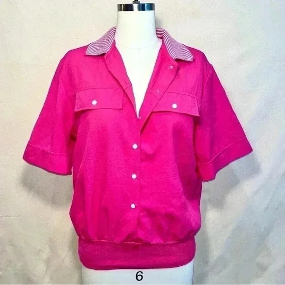 Vintage | Barbiecore 90s SS Button Down Polo - Bubblegum Pink / Sz M - Picture 3 of 9